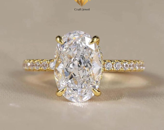 4 CT Oval Cut Moissanite Engagement Ring, Half Eternity Wedding Ring, Hidden Halo Ring, 14k Yellow Gold Ring, Oval Moissanite Promise Ring