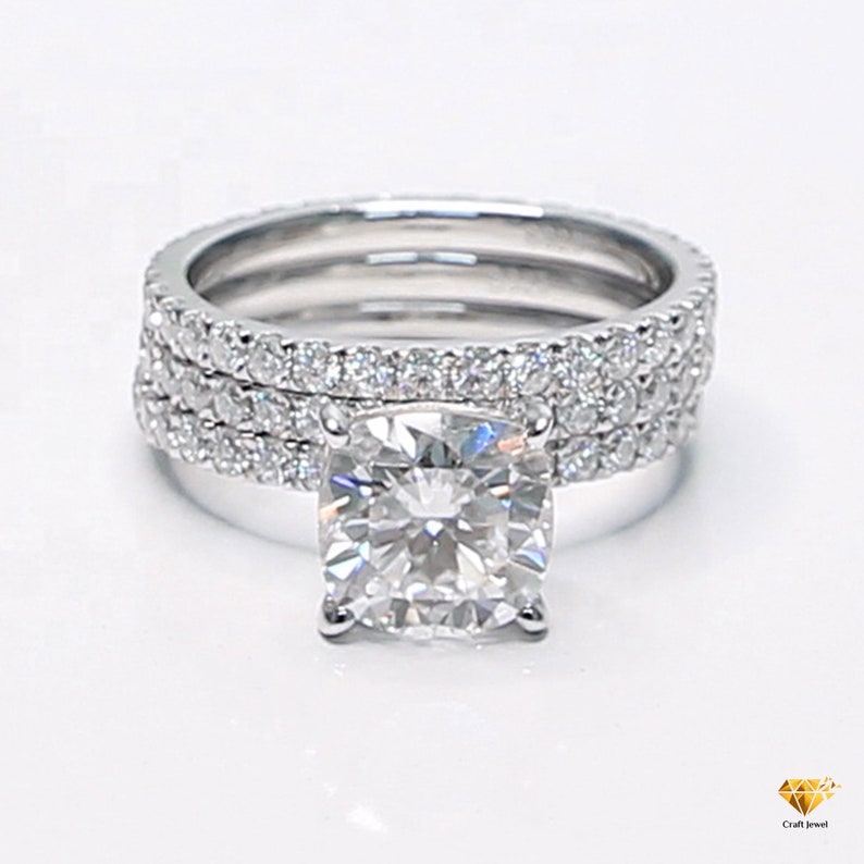 Moissanite Engagement Ring shops 3pcs Set Bridal Ring Set 2.15 Ct Cushion Cut Moissanite Solid 14K Gold Engagement Ring Promise Ring Stacking Ring
