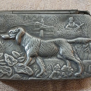 Antique pewter vesta hunting scene dogs made in England