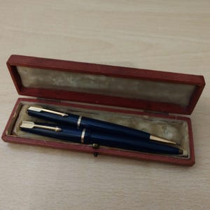 Rare 1950S PARKER DUOFOLD Pen and Pencil Set in Desk Blue and Antique Box