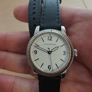 BURBERRY UTILITARIAN ladies woman's watch wristwatch black leather strap white dial gift for her valentine's day gift