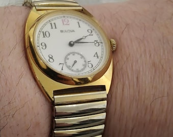 Rare BULOVA quartz vintage 1980s art deco style homage gold tone white dial sub wcond hand