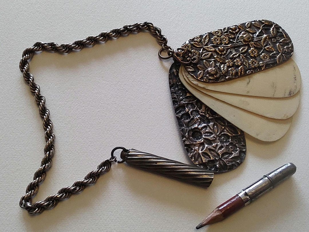 Chatelaine Pendant Aide Memoire Bone Notepad Repousse Floral Pattern ...