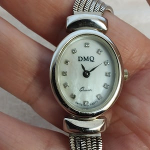 Sterling SILVER Solid Silver 925 Ladies Quartz Wristwatch Oval face Mother of Pearl Diamonds chain bracelet