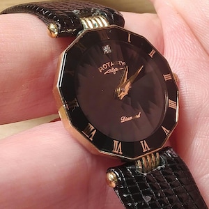 Stunning Vintage goldplated slim ultra slim slender ROTARY watch bevelled crystal diamond  goldplated cabochon crown
