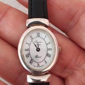 SOLID SILVER ladies watch previous time MOP mother of pearl dial black leather strap