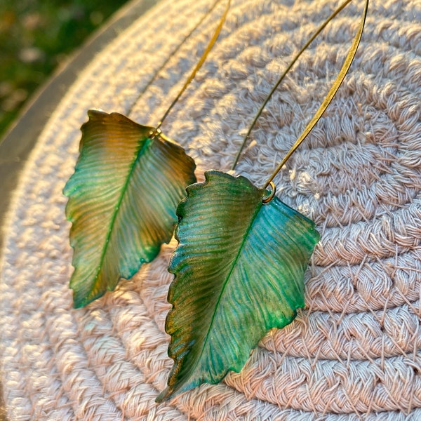 Fern Leaf Earrings | Acrylic Painted Fern Leaf Dangle Earrings | Teal and Copper Nature Charm Dangle Jewelry | Elf Mythic Jewelry |