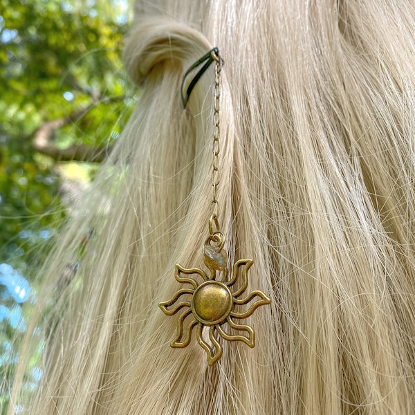 Dangle Hair Clip | Fairy Hair Accessory | Whimsigoth Celestial | Brass Chain | Elf Mythic Hair Jewelry | Snap Clip Sun Labradorite Charm |