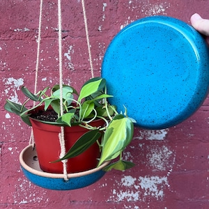 Handmade Ceramic Hanging Tray, Peacock Blue Drip Catcher for Planters