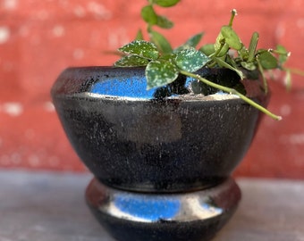 Black Diamond Pedestal Planter, Diamond  Planter with drainage and saucer, MCM Handmade ceramic planter, self watering pot