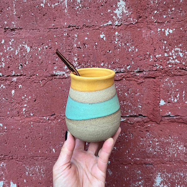 10 Oz Yellow and Green Ceramic Mate Cup, Yerba Mate gourd, Ceramic Calabash cup