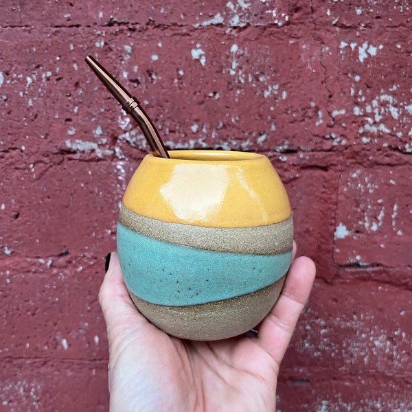 9 Oz Yellow and Green Ceramic Mate Cup, Yerba Mate gourd, Ceramic Calabash cup, tea lover gift