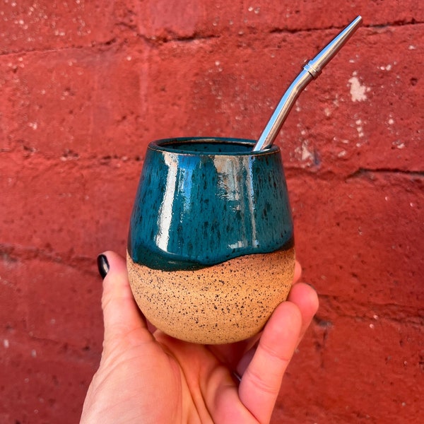 7 Oz Peacock blue Ceramic Yerba Mate Cup, Yerba Mate gourd, 7 Oz Ceramic Calabash cup, Ceramic matero, Stoneware gourd, Green tea cup