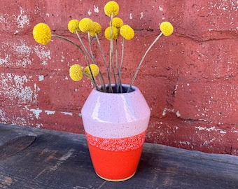 Red and pink geometric handmade vase, Medium size pottery vase