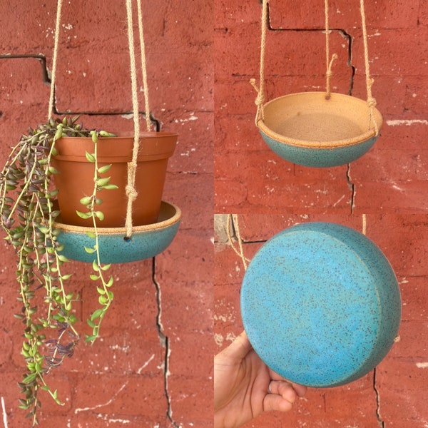Teal blue Hanging tray, Handmade ceramic planter, Water catcher drip Tray, Indoor Hanging Tray, Planter Tray, hanging planter