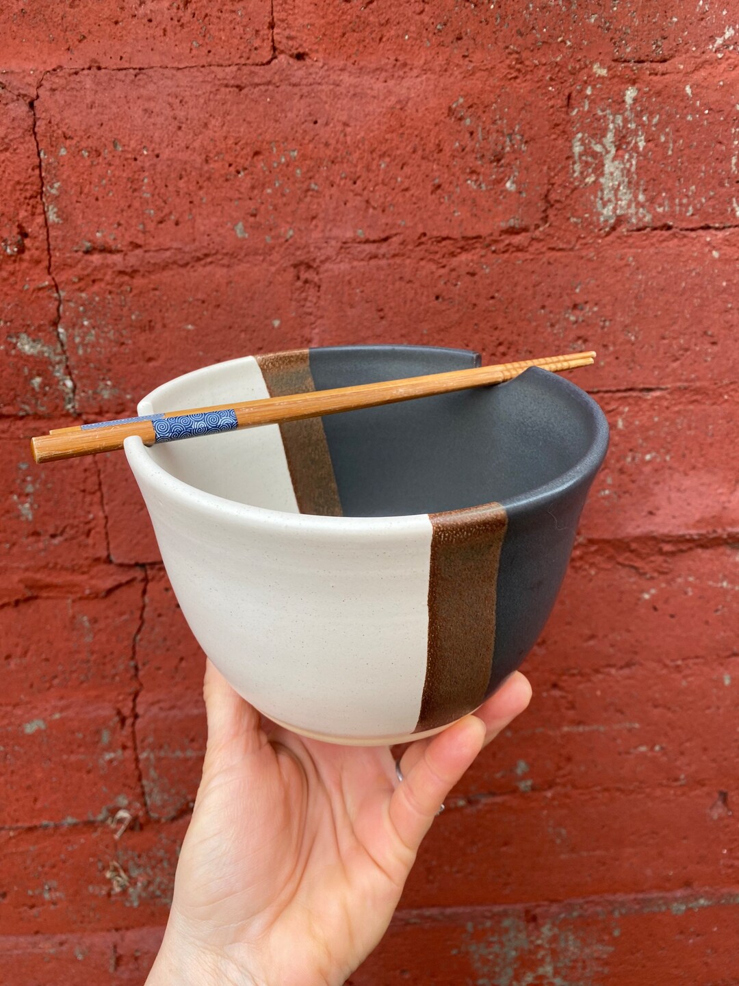 Ramen Bowl With Chopstick Rest 32 Oz Handmade Black and White Etsy