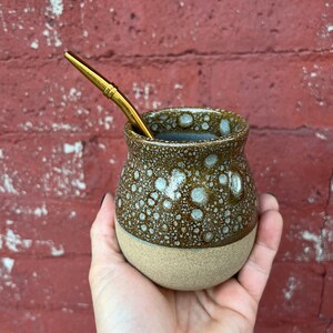 10 Oz Mottled Caramel Ceramic Mate Cup, Yerba Mate gourd, Ceramic Calabash cup, Matero Cuia