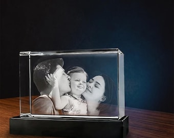 Personalized 3D Crystal Photo Gift, Engraved Crystal Picture with Light Base, Custom Gift for Him Her, Family Memory Decor