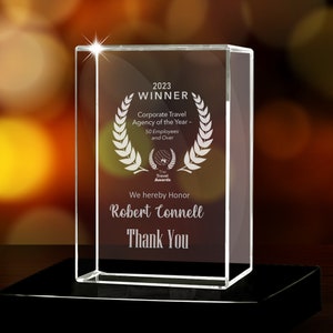 Custom Engraved Crystal Award – Personalized Corporate Trophy Employee Recognition Plaque Business Achievement Gift with LED Light Base