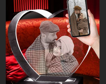 Cadeau de la Saint-Valentin pour elle/lui, décor de table, cadeaux uniques pour la Saint-Valentin, cadeaux laser 3D, portrait laser | Coeur de cristal photo 3D