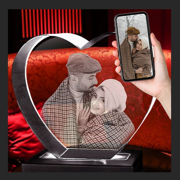 Valentine's Day Gift for Her/Him, Tabletop Decor, Unique Gifts for Valentines, 3D Laser Gifts, Laser Portrait | 3D Photo Crystal Heart