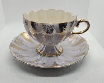 Japanese "SHAFFORD" Pearl and Gold Gilt Teacup, Elegant Hand Decorated, Unique Design Artwork Gold Painted Crest