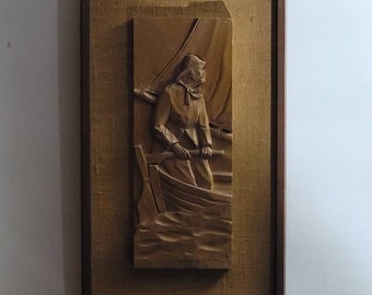 Mid Century Wall Décor, Man Fishing On Boat, Hand Carved Teak Wood, Wall Décor, Wall Art, Jute Backing Panel, Man Cave , Gift for Him