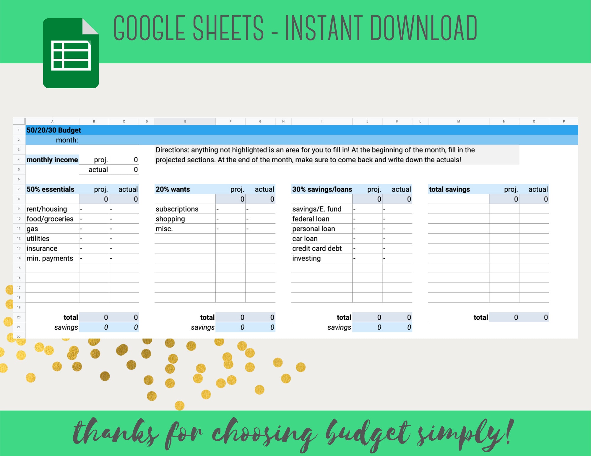 502030 Budget I Monthly Budget I Google Sheet Etsy