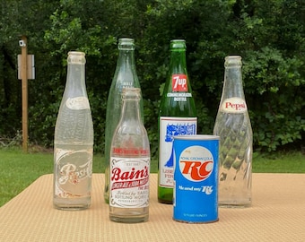 Vintage Glass Soda Bottles: 1960s-70s Pepsi, 7Up, Royal Crown - Collector's Lot of 6