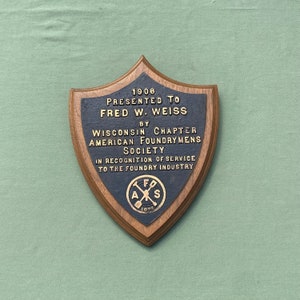 Metal Appreciation Plaque Award, 1906 American Foundrymen&#39;s Society, Antique RARE! Wood & Brass for Collector Display Gift