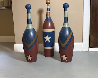 Painted Wood Decorative JUGGLING Circus Club Indian Exercise Bowling PINS Folk Art, (3) for Display