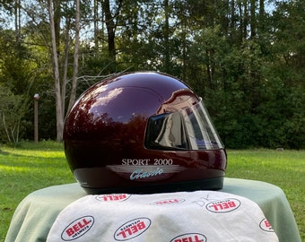 BELL Bell Sport 2000 Full Face Helmet Maroon w/ Shield & Bag Vtg Auto Motorcycle Racing 1990s Size 7 1/4 USA for Collector Display Gift
