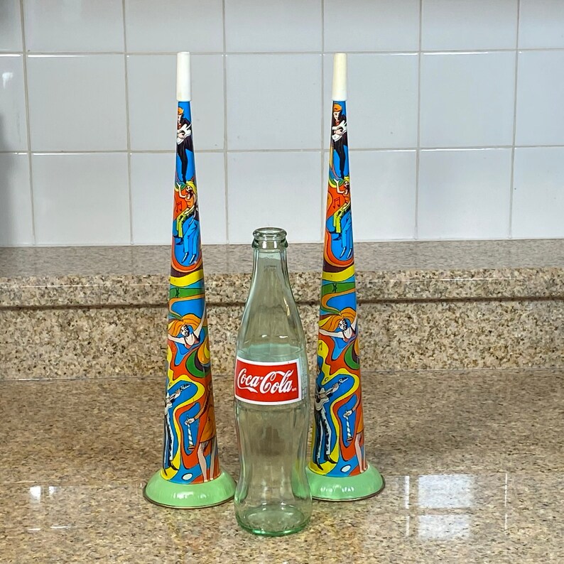 Old Tin Party Noise Maker 15 Party Horn Lot of 2 Metal Colorful Made in