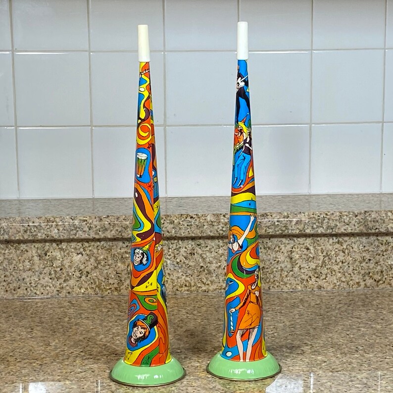 Old Tin Party Noise Maker 15 Party Horn Lot of 2 Metal Colorful Made in