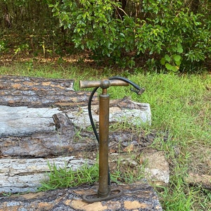 Puede incluir: Una bomba de bicicleta de lat&oacute;n vintage con una manguera de goma negra, descansando sobre una pila de troncos desgastados en un &aacute;rea cubierta de hierba.