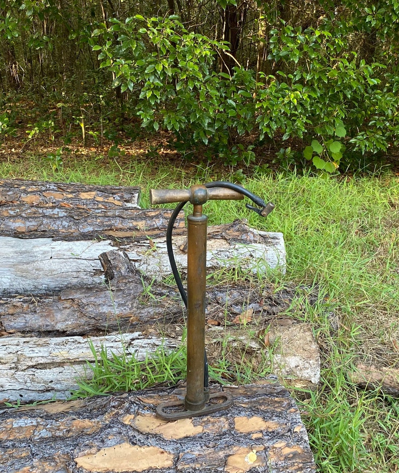 Puede incluir: Una bomba de bicicleta de lat&oacute;n vintage con una manguera de goma negra, descansando sobre una pila de troncos desgastados en un &aacute;rea cubierta de hierba.