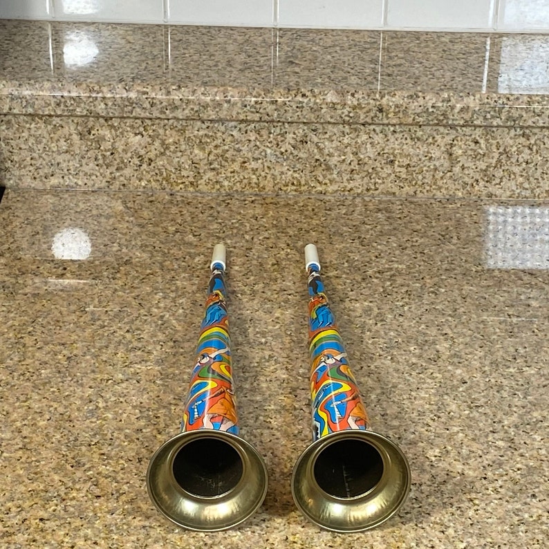 Old Tin Party Noise Maker 15 Party Horn Lot of 2 Metal Colorful Made in