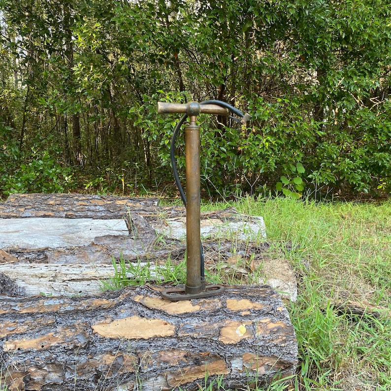 Puede incluir: Una bomba de bicicleta de lat&oacute;n vintage con una manguera de goma negra, descansando sobre una pila de troncos de &aacute;rboles en un &aacute;rea boscosa.