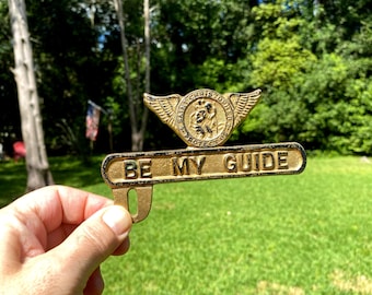 Vintage St. Christopher / Be My Guide License Plate Topper Badge Emblem Medal Wings Alloy