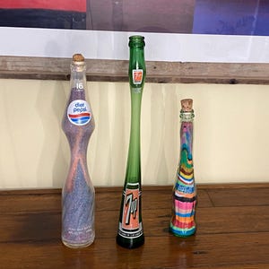 Stretched Glass Soda Bottle (3), Sand Art, 15&quot; Tall DIET Pepsi 16oz & 8oz CoCa Cola, 7 Up green glass / Carnival Prize