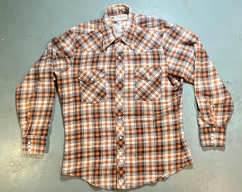Vintage 1970s Plaid Flannel Shirt - Mr. Leggs Pearl Snap - Made in USA