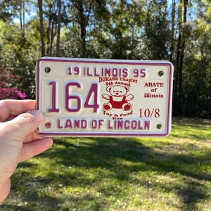 May include: A white license plate with red and pink lettering. The plate reads "19 ILLINOIS 95", "DUKANE Chapter 9th Annual", "164", "Toy & Food Run", "ABATE of Illinois", "10/8", and "LAND OF LINCOLN".