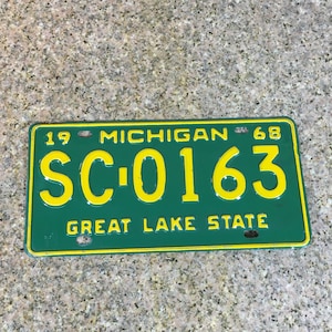 Michigan Car Automobile License Plate, embossed metal, 1960&#39;s, Great Lake State, Tag # SC 0163, Yellow over Green for collector display gift