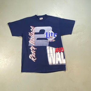 NASCAR Rusty Wallace #2 Shirt t shirt, Blue, Miller Lite, Wrap Around, Logo, Adult Size Large, 90s Single Stitch for Collector Display Gift