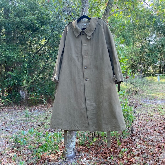 Vintage 1940s French Military Canvas Trench Coat - Olive Green