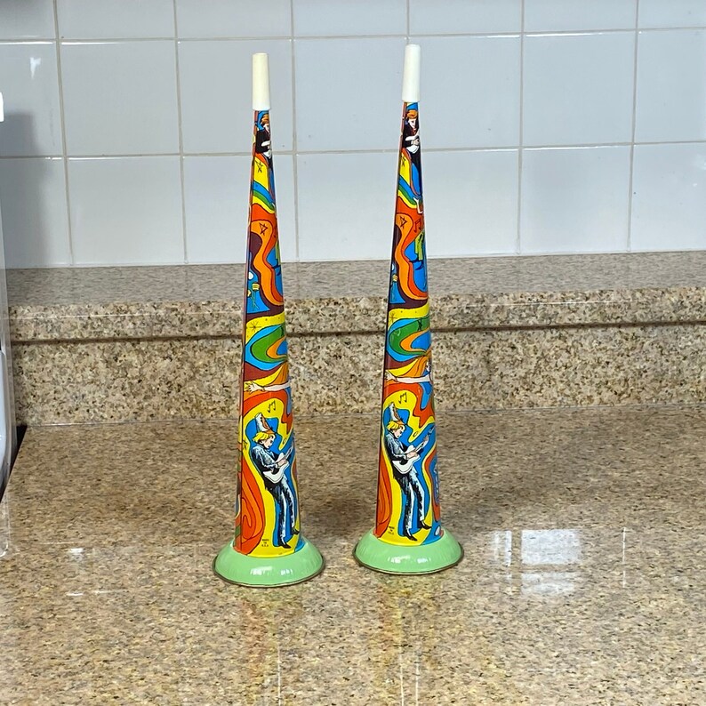 Old Tin Party Noise Maker 15 Party Horn Lot of 2 Metal Colorful Made in