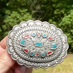 1995 EJC Pewter, Coral & Turquoise Chip, Inlay Southwestern Belt Buckle, Made In USA for Collector Display Gift