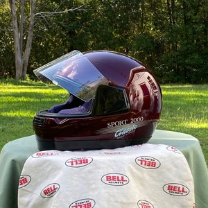 BELL Helmet, Bell Sport 2000 Full Face, Maroon with Shield & Bag, Auto Motorcycle Racing, 1990s, Size 7 1/8, USA for Collector Display Gift