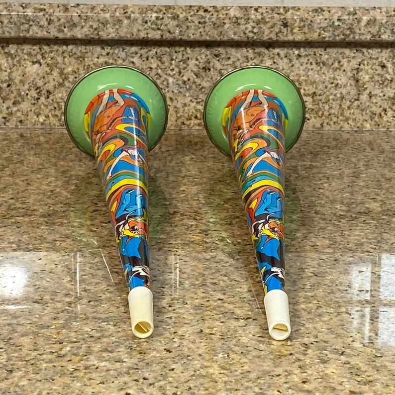Old Tin Party Noise Maker 15 Party Horn Lot of 2 Metal Colorful Made in