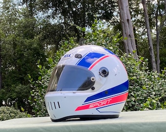BELL Racing Helmet, Bell Sport, White, Blue, Pink - Size 7 1/2, 1990s Motorcycle Racing For Collector Display Gift